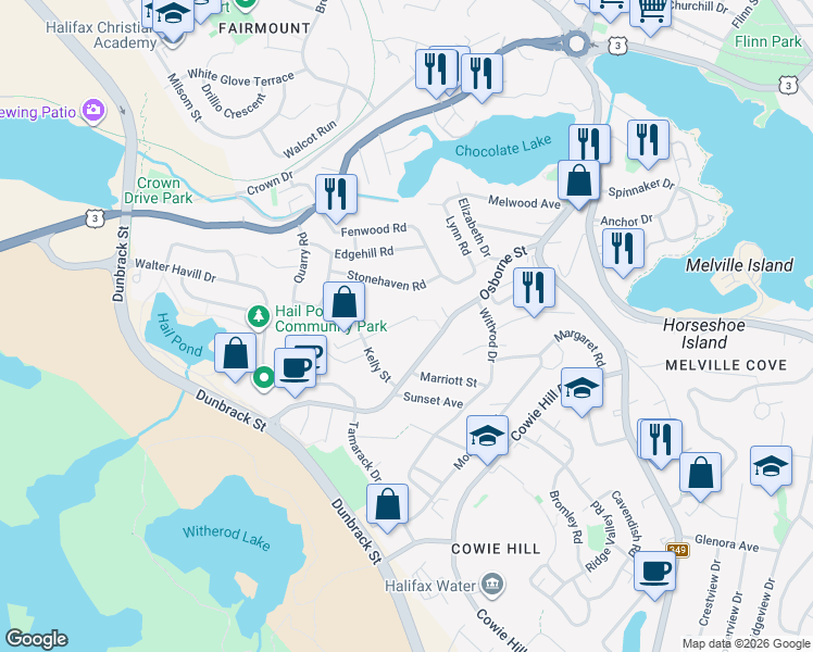 map of restaurants, bars, coffee shops, grocery stores, and more near 49 Halef Court in Halifax