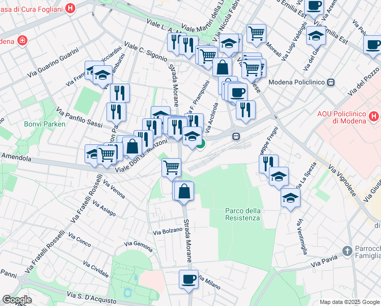map of restaurants, bars, coffee shops, grocery stores, and more near 102 Via Archirola in Modena
