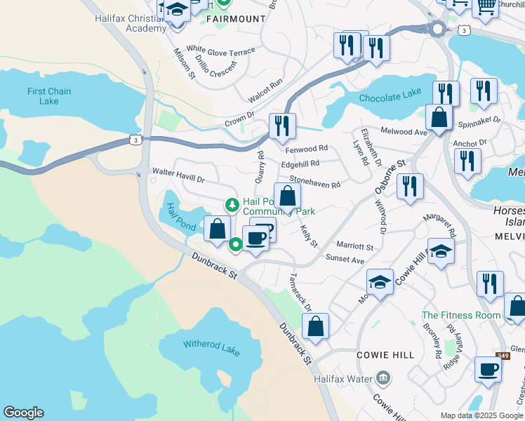 map of restaurants, bars, coffee shops, grocery stores, and more near 12 Herbert Road in Halifax