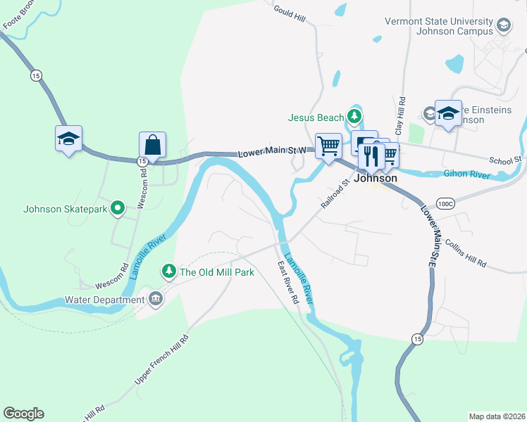 map of restaurants, bars, coffee shops, grocery stores, and more near 112 River Road West in Johnson