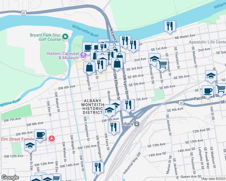 map of restaurants, bars, coffee shops, grocery stores, and more near 228 Southwest 5th Avenue in Albany