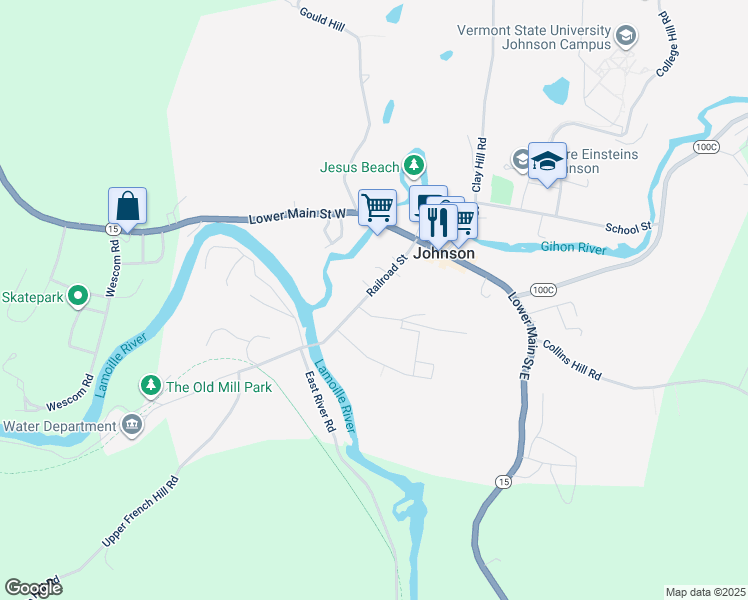 map of restaurants, bars, coffee shops, grocery stores, and more near 157 Railroad Street in Johnson