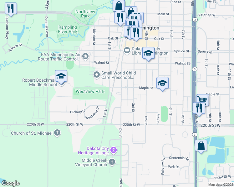 map of restaurants, bars, coffee shops, grocery stores, and more near 108 Maple Street in Farmington