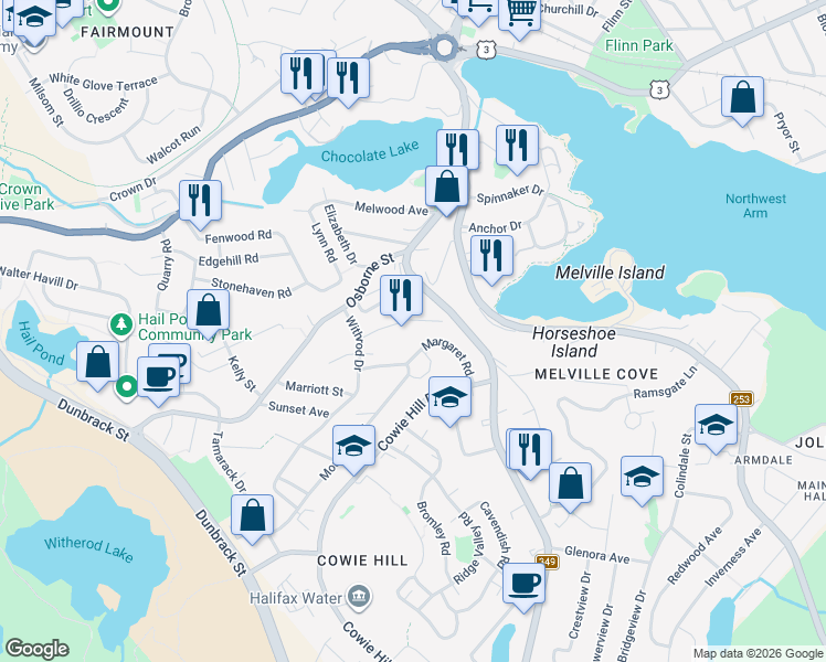 map of restaurants, bars, coffee shops, grocery stores, and more near 10 Idlewylde Road in Halifax