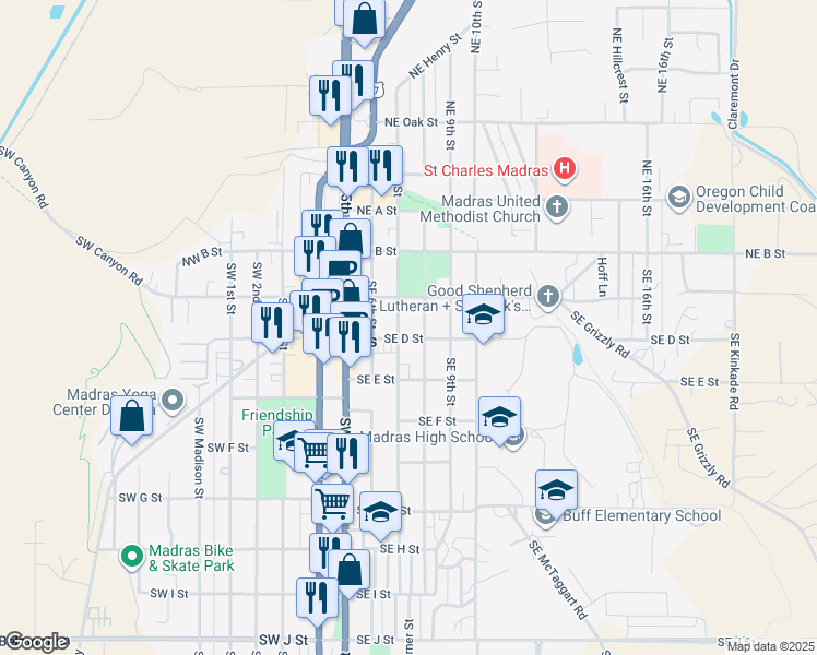map of restaurants, bars, coffee shops, grocery stores, and more near 171 Southeast 8th Street in Madras