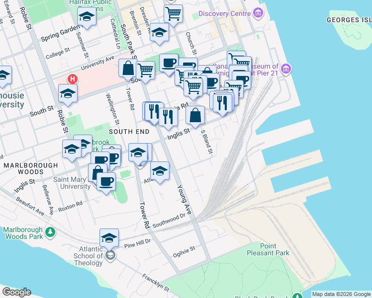 map of restaurants, bars, coffee shops, grocery stores, and more near 949 McLean Street in Halifax
