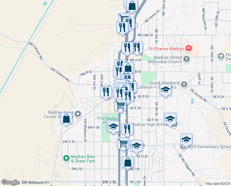 map of restaurants, bars, coffee shops, grocery stores, and more near 178 Southwest 4th Street in Madras