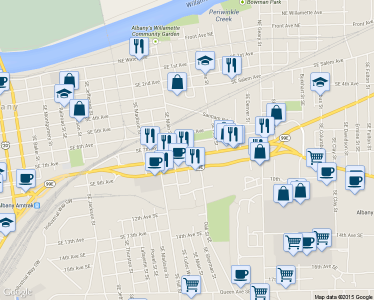 map of restaurants, bars, coffee shops, grocery stores, and more near 750 Southeast Sherman Street in Albany
