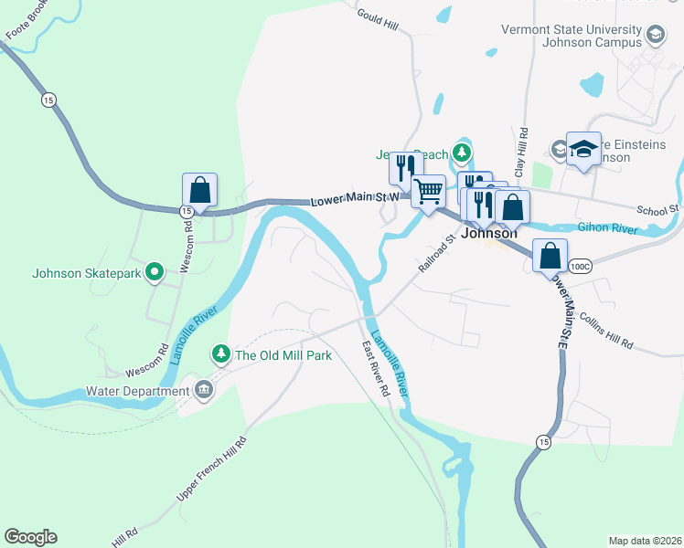 map of restaurants, bars, coffee shops, grocery stores, and more near 112 River Road West in Johnson