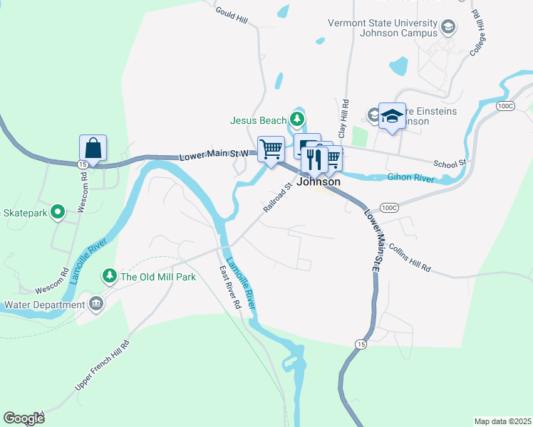 map of restaurants, bars, coffee shops, grocery stores, and more near 157 Railroad St in Johnson