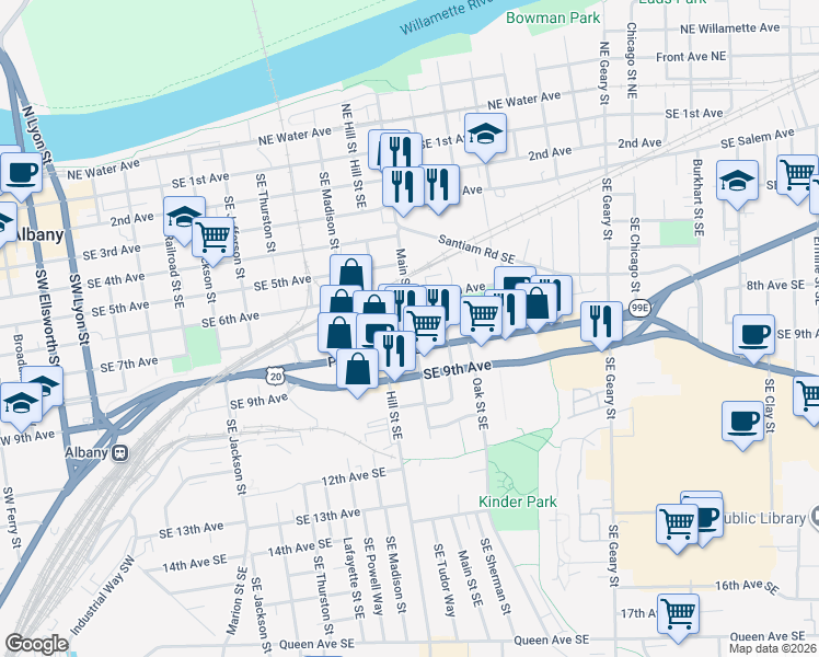 map of restaurants, bars, coffee shops, grocery stores, and more near 1086 Southeast 7th Avenue in Albany
