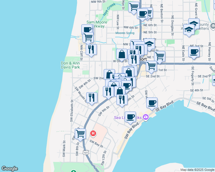 map of restaurants, bars, coffee shops, grocery stores, and more near 614 Southwest Hurbert Street in Newport