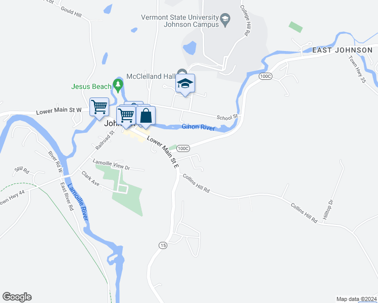 map of restaurants, bars, coffee shops, grocery stores, and more near 66 Vermont 100C in Johnson