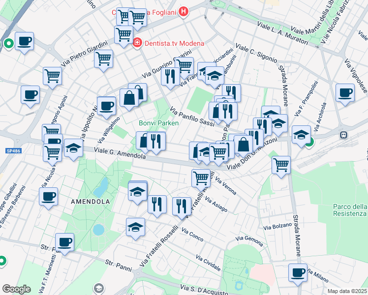 map of restaurants, bars, coffee shops, grocery stores, and more near 25 Via Aroldo Bonzagni in Modena