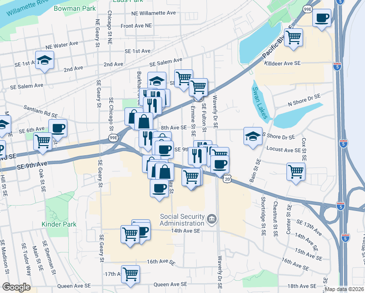 map of restaurants, bars, coffee shops, grocery stores, and more near 860 Southeast Davidson Street in Albany