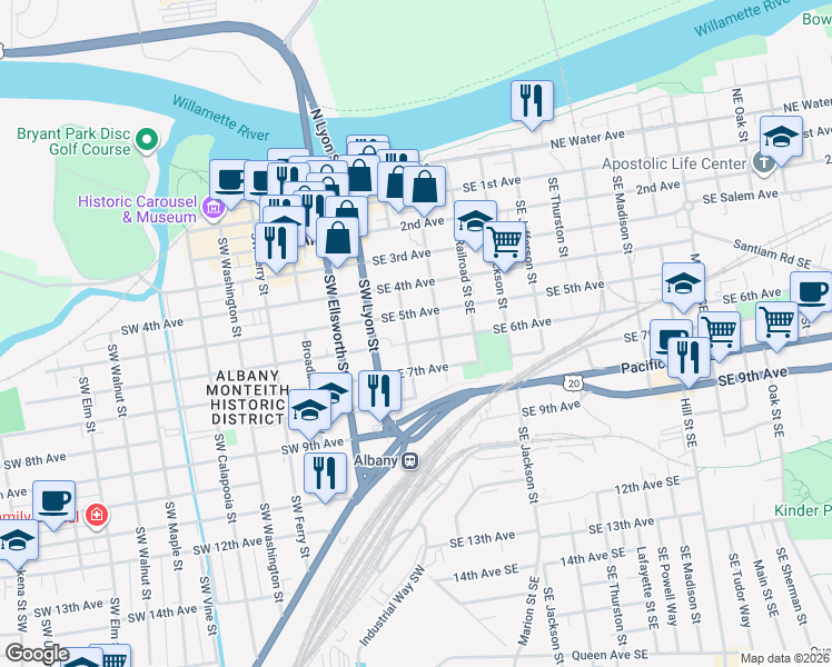 map of restaurants, bars, coffee shops, grocery stores, and more near 237 Southeast 5th Avenue in Albany