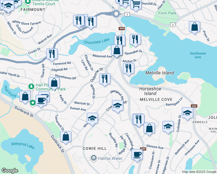 map of restaurants, bars, coffee shops, grocery stores, and more near 10 Idlewylde Road in Halifax