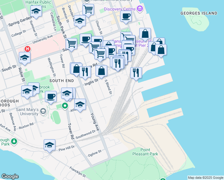 map of restaurants, bars, coffee shops, grocery stores, and more near 927 South Bland Street in Halifax