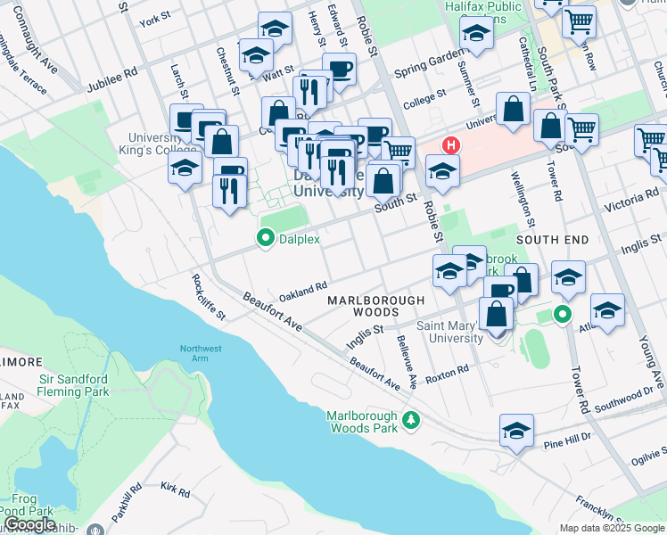 map of restaurants, bars, coffee shops, grocery stores, and more near 1125 Studley Avenue in Halifax