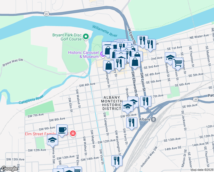 map of restaurants, bars, coffee shops, grocery stores, and more near 424 Southwest Washington Street in Albany