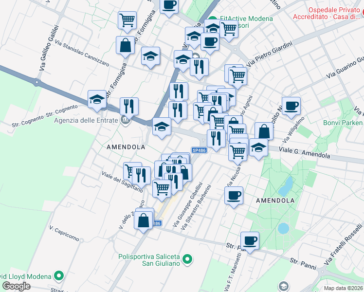 map of restaurants, bars, coffee shops, grocery stores, and more near 19 Via Bartolomeo Avanzini in Modena