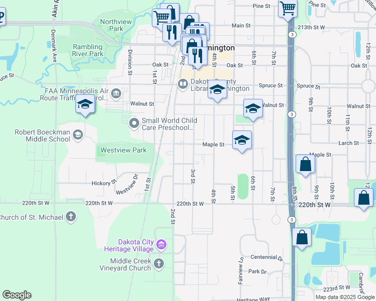 map of restaurants, bars, coffee shops, grocery stores, and more near 804 3rd St in Farmington