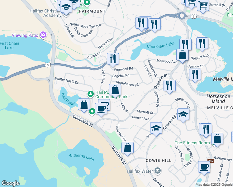 map of restaurants, bars, coffee shops, grocery stores, and more near Kelly St & Alton Dr in Halifax