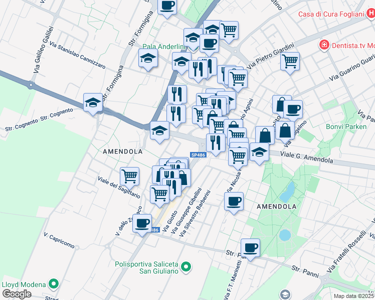 map of restaurants, bars, coffee shops, grocery stores, and more near 13 Via Bartolomeo Avanzini in Modena