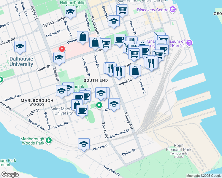 map of restaurants, bars, coffee shops, grocery stores, and more near 5712 Inglis Street in Halifax