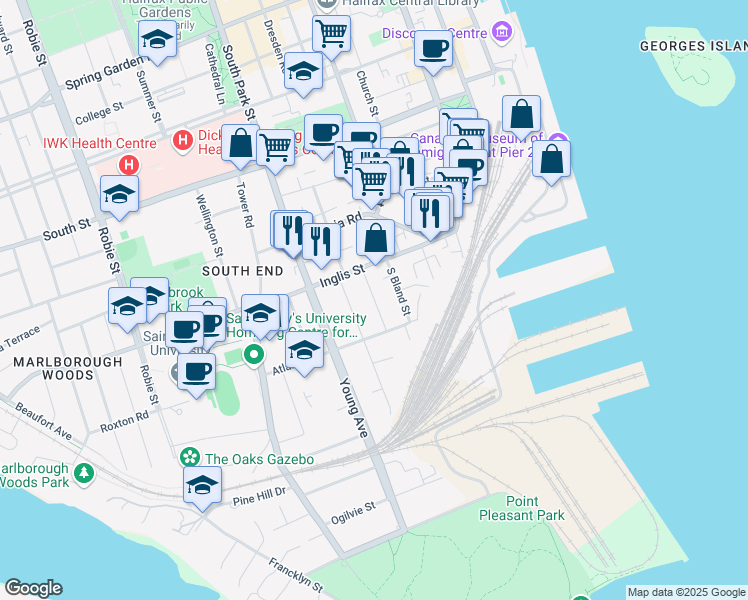 map of restaurants, bars, coffee shops, grocery stores, and more near Brussels Street in Halifax