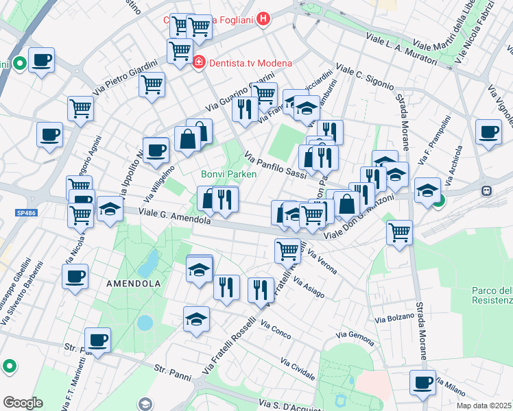 map of restaurants, bars, coffee shops, grocery stores, and more near 25 Via Aroldo Bonzagni in Modena