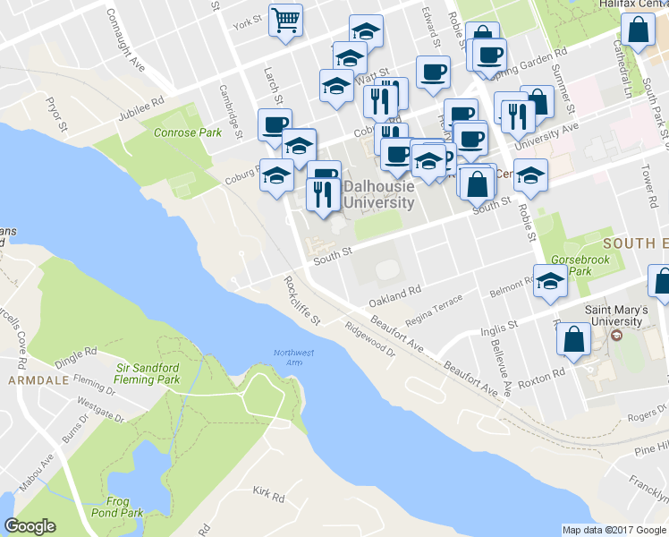 map of restaurants, bars, coffee shops, grocery stores, and more near 1178 Dalhousie Street in Halifax