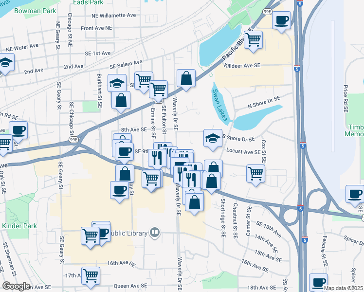 map of restaurants, bars, coffee shops, grocery stores, and more near 847 Southeast Waverly Drive in Albany