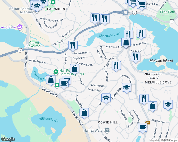 map of restaurants, bars, coffee shops, grocery stores, and more near 52 Halef Court in Halifax