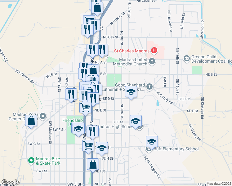 map of restaurants, bars, coffee shops, grocery stores, and more near 171 Southeast 8th Street in Madras