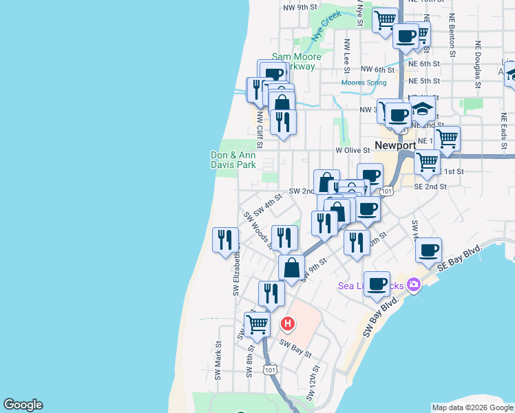 map of restaurants, bars, coffee shops, grocery stores, and more near 540 Southwest 4th Street in Newport