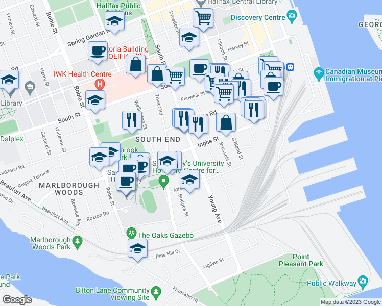 map of restaurants, bars, coffee shops, grocery stores, and more near 5712 Inglis Street in Halifax