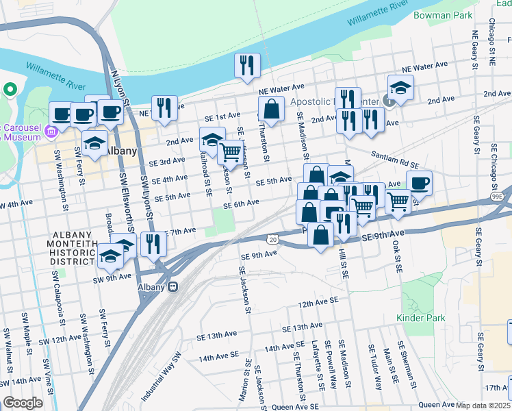 map of restaurants, bars, coffee shops, grocery stores, and more near 607 Southeast Jefferson Street in Albany