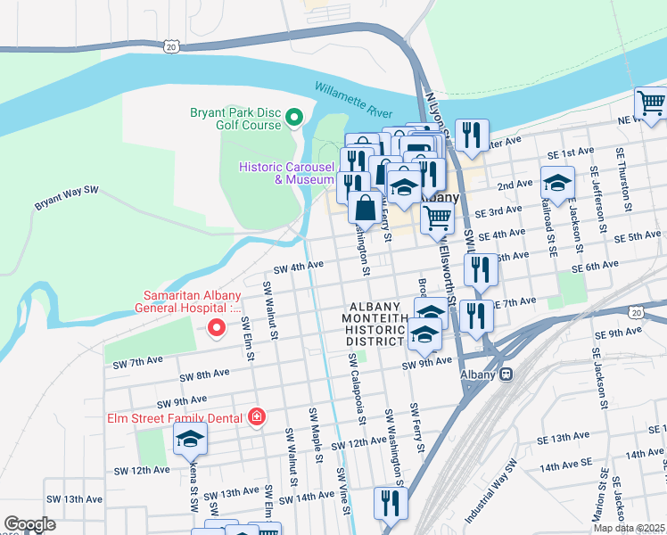 map of restaurants, bars, coffee shops, grocery stores, and more near 404 Calapooia Street Southwest in Albany