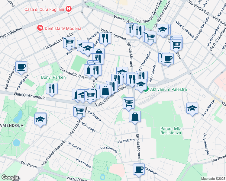 map of restaurants, bars, coffee shops, grocery stores, and more near 112 Via Riva del Garda in Modena