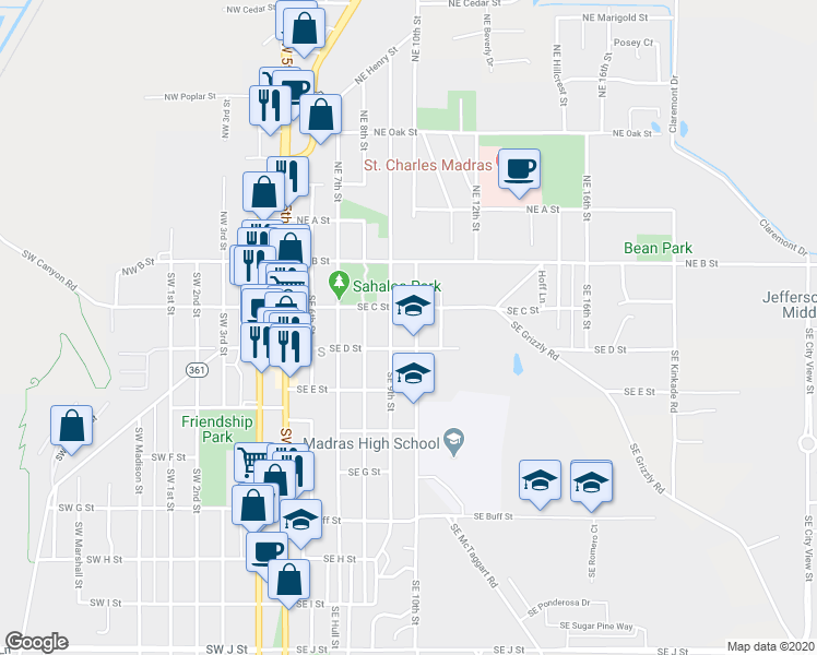 map of restaurants, bars, coffee shops, grocery stores, and more near 156 Southeast 10th Street in Madras