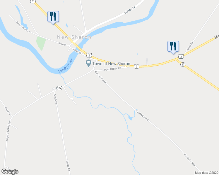 map of restaurants, bars, coffee shops, grocery stores, and more near 37 Kimball Pond in New Sharon