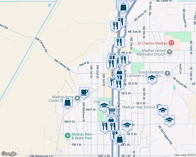 map of restaurants, bars, coffee shops, grocery stores, and more near 156 Southwest 3rd Street in Madras