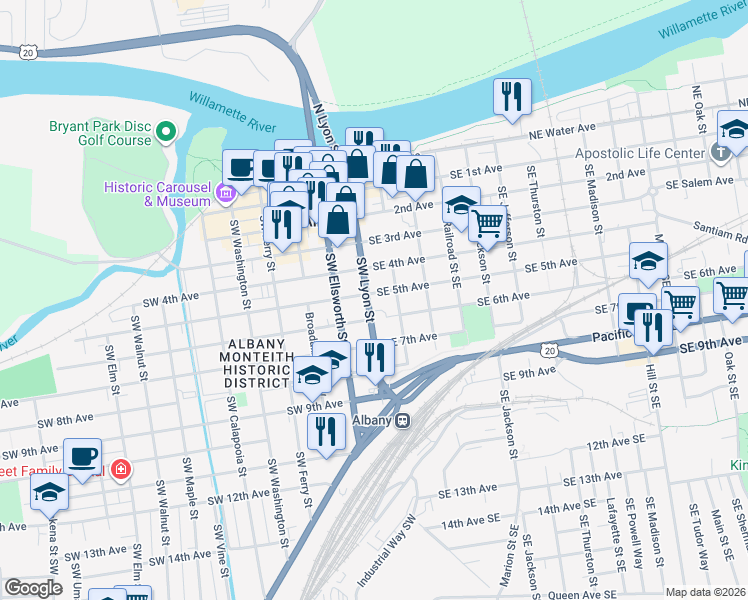map of restaurants, bars, coffee shops, grocery stores, and more near 128 Southeast 5th Avenue in Albany