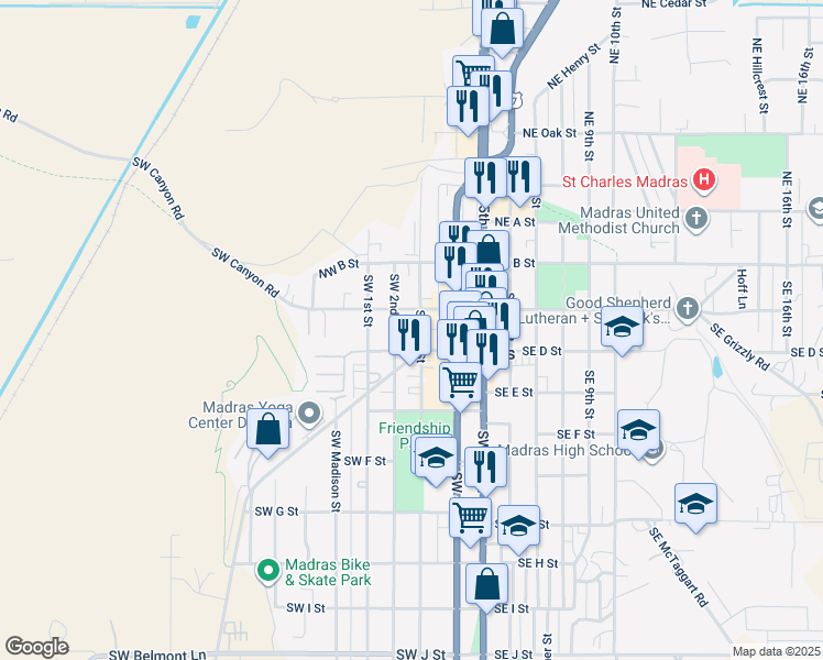 map of restaurants, bars, coffee shops, grocery stores, and more near 156 Southwest 3rd Street in Madras