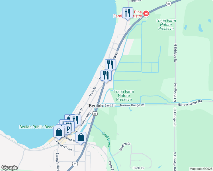 map of restaurants, bars, coffee shops, grocery stores, and more near 141 U.S. 31 in Beulah