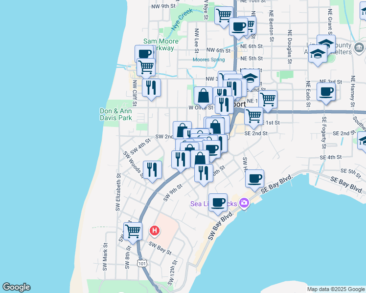map of restaurants, bars, coffee shops, grocery stores, and more near 614 Southwest Hurbert Street in Newport