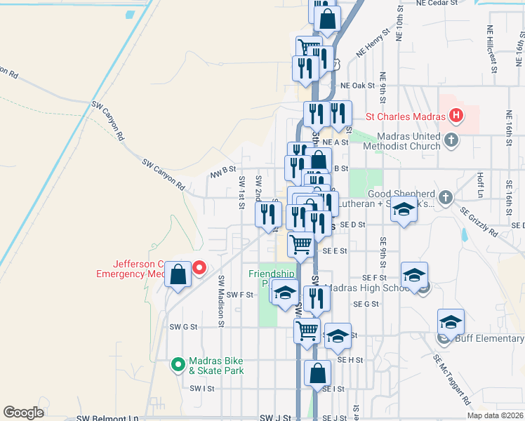 map of restaurants, bars, coffee shops, grocery stores, and more near 156 Southwest 3rd Street in Madras