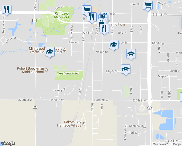 map of restaurants, bars, coffee shops, grocery stores, and more near 108 Maple Street in Farmington