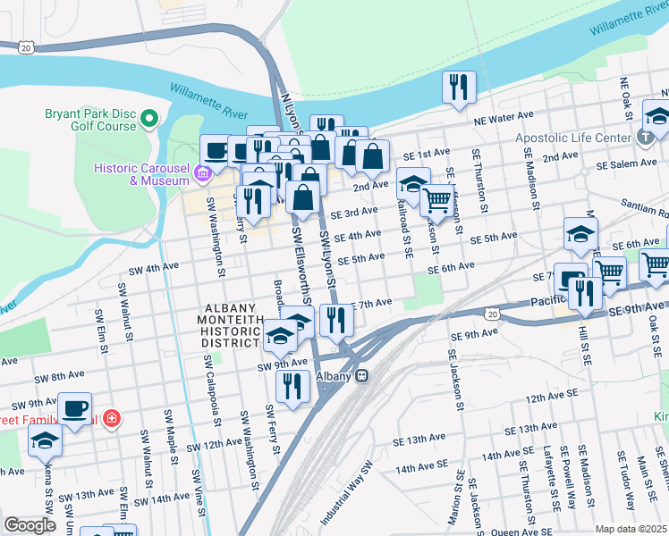 map of restaurants, bars, coffee shops, grocery stores, and more near 505 Southeast Lyon Street in Albany